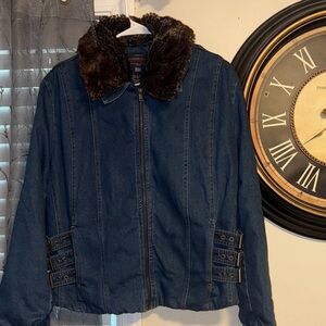 Vintage Faded Glory Dark Blue Jean Jacket with Brown Faux Fur Collar